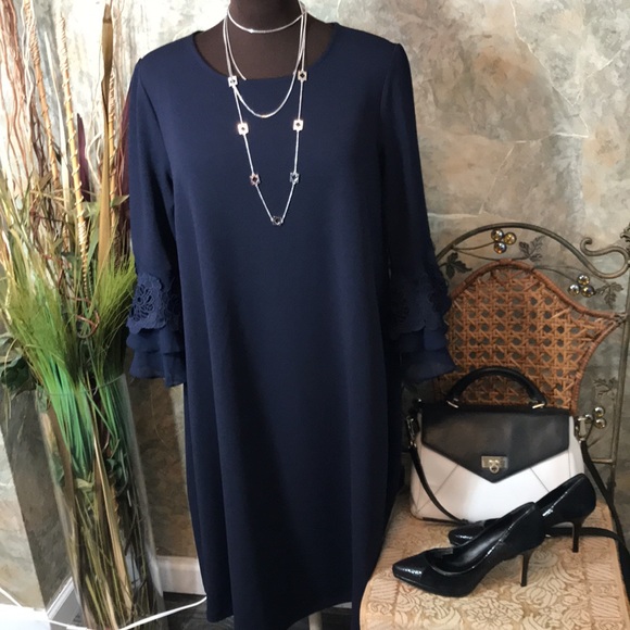 Nina Leonard 🌹 stunning deep rich navy blue dress flowered lace bell sleeve - Picture 11 of 14